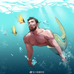  1boy bara beard chest_hair chinese_commentary chinese_text closed_eyes closed_mouth commentary_request completely_nude facial_hair fins fish freediving full_body head_fins large_pectorals male_focus mature_male merman monster_boy muscular muscular_male nipples nude original pectorals short_hair smile solo sunlight underwater weibo_logo weibo_watermark xiaolumiaoliya 