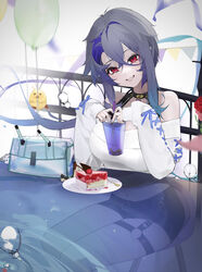  absurdres azur_lane bare_legs bare_shoulders cake drink female foch_(azur_lane) foch_(rainbow_rendezvous)_(azur_lane) food glass_table hair_between_eyes high-waist_shorts highres holding holding_drink long_hair long_sleeves looking_at_viewer manjuu_(azur_lane) multicolored_hair nanonuo navel off_shoulder official_alternate_costume red_eyes shorts sitting sleeves_past_wrists smile table 