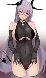  :p azur_lane bad_id bad_twitter_id bare_shoulders black_gloves black_leotard blue_eyes blush breasts cleavage clothing_cutout collarbone commentary covered_navel demon_horns demon_tail elbow_gloves female glasses gloves glowing_tattoo gneisenau_(azur_lane) gneisenau_(nightmarish_succubus)_(azur_lane) halloween_costume head_tilt highres horns large_breasts leotard long_hair looking_at_viewer official_alternate_costume pubic_tattoo purple_hair rectangular_eyewear red-framed_eyewear rrr_ato see-through semi-rimless_eyewear simple_background skindentation solo standing tail tattoo tongue tongue_out under-rim_eyewear underboob underboob_cutout very_long_hair white_background 