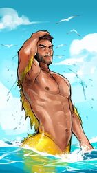  1boy :q abs armpit_hair armpits bara beard bird blue_sky blush chest_hair cloud cloudy_sky completely_nude dark-skinned_male dark_skin day facial_hair fins full_body hand_in_own_hair head_fins looking_at_viewer male_focus mature_male merman monster_boy moustache muscular muscular_male navel navel_hair nipples nude original outdoors pectorals short_hair sky solo stomach thick_eyebrows tongue tongue_out water wet xiaolumiaoliya yellow_scales 