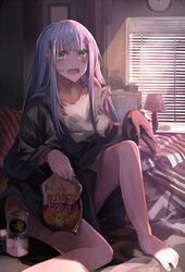  alternate_costume barefoot beer_can blue_hair calbee_(potato_chips) can commentary_request drink_can female girls&#039;_frontline green_eyes highres hk416_(girls&#039;_frontline) loose_clothes miyabino_(miyabi1616) potato_boy_(calbee) sapporo_beer 