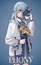  blue_choker blue_hair blue_serafuku blue_skirt choker collarbone female flower fox_mask grey_hoodie hair_behind_ear hair_over_one_eye holding holding_flower holding_mask hololive hood hoodie hoshimachi_suisei hoshimachi_suisei_(school_uniform) kiel_adair lily_(flower) long_hair looking_down mask official_alternate_costume official_alternate_hair_length official_alternate_hairstyle one_eye_covered phony_(cevio) sailor_collar school_uniform serafuku skirt solo song_name star_(symbol) virtual_youtuber yellow_flower 