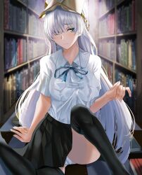  anastasia_(fate) blue_eyes blush book bookshelf breasts cleavage closed_mouth crown dress fate/grand_order fate_(series) female grey_hair hair_over_one_eye hairband highres large_breasts library long_hair looking_at_viewer mini_crown neckerchief nicky_w panties pantyshot pleated_skirt ribbon sailor_collar school_uniform serafuku shirt sitting skirt socks solo underwear very_long_hair white_hair white_panties white_shirt 