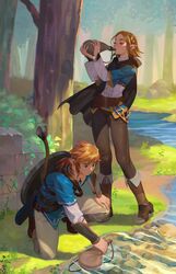  1boy belt blonde_hair blue_eyes boots braid brown_footwear brown_pants cape champion&#039;s_tunic_(zelda) commentary day female grass hair_ornament hairclip highres hongcasso korean_commentary layered_sleeves link long_sleeves nature on_one_knee outdoors pants pointy_ears princess_zelda rock shield shield_on_back shirt short_hair short_over_long_sleeves short_sleeves standing stream the_legend_of_zelda the_legend_of_zelda:_tears_of_the_kingdom tree tunic water weapon weapon_on_back white_pants 