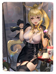  animal_ears arknights artist_name bag bell black_gloves black_jacket black_skirt black_thighhighs blonde_hair breasts brown_eyes cat_ears choker facial_mark facial_tattoo feline female food gloves heart heart_tattoo highres itoucon jacket jacket_on_shoulders jewelry kemonomimi_mode long_hair looking_at_viewer medium_breasts nearl_(arknights) neck_bell necklace open_mouth paw_pose pencil_skirt ponytail skirt solo table tattoo thighhighs watch 