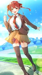  :d alternate_costume black_footwear black_thighhighs blazer blue_sky blush breasts bridge brown_jacket brown_skirt cloud cloudy_sky collared_shirt commentary day female full_body grass hair_ribbon heterochromia highres hololive houshou_marine idenshi_hina jacket legs long_sleeves looking_at_viewer medium_breasts medium_hair miniskirt necktie open_clothes open_jacket open_mouth outdoors outstretched_arm pavement pleated_skirt red_eyes red_hair red_necktie ribbon school_uniform shirt shoes skirt sky smile solo sunlight thighhighs thighs twintails virtual_youtuber white_shirt wing_collar yellow_eyes 