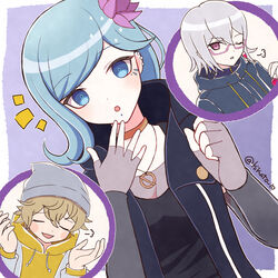  1boy 1other beanie black_coat black_dress blonde_hair blue_eyes blue_hair clenched_hand coat commentary_request desuhiko_thunderbolt dress ear_piercing elbow_gloves facial_mark female fingerless_gloves flower fubuki_clockford glasses gloves grey_hair grey_headwear hair_between_eyes hair_flower hair_ornament halara_nightmare hand_to_own_mouth hands_up hat highres hood hood_down hooded_coat hoodie jewelry long_hair long_sleeves looking_at_viewer master_detective_archives:_rain_code necklace one_eye_closed open_mouth piercing pink-framed_eyewear pink_eyes pink_flower puff_of_air semi-rimless_eyewear short_hair sigh sleeveless sleeveless_coat smile toyatopa twitter_username yellow_hoodie 