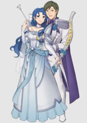  1boy absurdres arm_around_waist blue_eyes blue_hair bow_(weapon) breasts brown_hair cape cleavage couple dress earrings ebinku female fire_emblem fire_emblem:_thracia_776 formal glade_(fire_emblem) highres holding holding_bow_(weapon) holding_weapon jewelry long_hair looking_at_viewer pants purple_cape selphina_(fire_emblem) smile straight weapon wedding_dress white_dress white_pants 