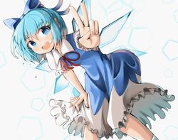  :d bent_over blue_bow blue_dress blue_eyes blue_hair bow cirno commentary dress eyebrows_hidden_by_hair female hairbow looking_at_viewer open_mouth pentagon_(shape) pinafore_dress puffy_short_sleeves puffy_sleeves shirt short_hair short_sleeves sleeveless sleeveless_dress smile solo spam_(spamham4506) touhou v white_background white_legwear white_shirt 