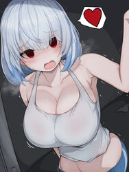  armpits bare_shoulders blue_hair blue_shorts blush breasts breath cleavage collarbone crop_top door doorway empty_eyes female hair_between_eyes heart highres korean_commentary large_breasts last_origin light_blue_hair looking_at_viewer lower_teeth_only midriff motion_lines opening_door pov_doorway red_eyes shaded_face short_hair shorts skyhood solo speech_bubble spoken_heart tank_top teeth titania_frost trembling white_tank_top 