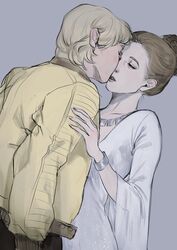  1boy 2sunoftatooine bad_id bad_twitter_id blonde_hair blush brother_and_sister brown_hair female grey_background highres imminent_kiss incest jacket lips luke_skywalker princess_leia_organa_solo siblings simple_background star_wars star_wars:_a_new_hope straight yellow_jacket 