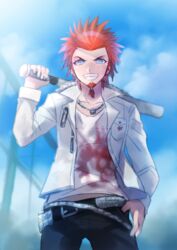  1boy arm_up baseball_bat beard belt belt_buckle black_belt black_pants blue_eyes blue_sky buckle chiko_(d04099) clenched_teeth cloud collar collarbone collared_jacket danganronpa:_trigger_happy_havoc danganronpa_(series) day facial_hair high_collar holding holding_baseball_bat jacket jewelry kuwata_leon long_sleeves looking_at_viewer male_focus necklace open_clothes open_jacket orange_hair outdoors pants pocket shirt short_hair sky smile solo spiked_hair standing teeth thumb_ring white_jacket white_shirt 