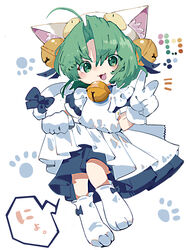  absurdres ahoge animal_ear_fluff animal_ears bell blue_bow blush bow cat_tail color_guide dejiko di_gi_charat eyes_visible_through_hair female gloves green_eyes green_hair hat hat_bell highres maid medium_hair neck_bell oerba_yun_fang open_mouth paw_print paw_print_background ryu_(17569823) simple_background solo speech_bubble tail tail_bow tail_ornament tongue v white_background white_gloves white_hat 