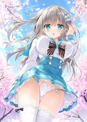  ameto_yuki blue_eyes blue_gemstone blue_skirt blush breasts cherry_blossoms day emerald_(ameto_yuki) female from_below gem green_gemstone grey_hair hair_ornament large_breasts long_hair looking_at_viewer one_side_up open_mouth original outdoors panties pantyshot school_uniform serafuku skirt solo thighhighs underwear white_thighhighs wind 