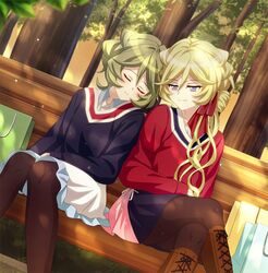  2girls bag bench black_legwear blonde_hair blush boots breasts carol_malus_dienheim closed_eyes closed_mouth commentary_request crossed_legs elfnein green_eyes highres knee_boots long_hair miona_yui mole mole_under_eye multicolored_eyes multiple_girls on_bench outdoors pantyhose purple_eyes senki_zesshou_symphogear short_hair sitting skirt sleeping small_breasts smile tree 