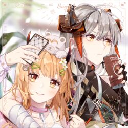  2girls arknights arm_around_shoulder bad_id bad_mihuashi_id bandages black_gloves blonde_hair brown_eyes camisole can canned_coffee cellphone chains character_request choker copyright_request drink_can fingerless_gloves flower gloves grey_hair hair_between_eyes hair_flower hair_ornament hairclip hand_up head_tilt holding holding_can holding_phone horns lambobo long_hair multiple_girls official_alternate_costume phone pink_choker saria_(arknights) saria_(stronghold)_(arknights) smartphone spaghetti_strap upper_body white_flower wrist_wrap 