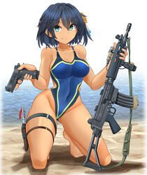  absurdres assault_rifle battle_rifle beach black_hair blue_one-piece_swimsuit breasts competition_swimsuit covered_navel female fn_fal green_eyes grenade_launcher gun handgun highleg highleg_swimsuit highres holding holding_gun holding_weapon holster imbel_ia2 knife large_breasts m1911 magazine_(weapon) mikeran_(mikelan) multicolored_clothes multicolored_swimsuit ocean one-piece_swimsuit original rifle scope short_hair smile solo swimsuit thigh_holster thigh_strap underbarrel_grenade_launcher variant_set weapon yellow_one-piece_swimsuit 