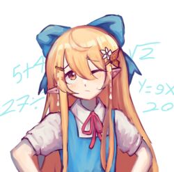  blonde_hair blue_bow blue_dress bow brown_eyes cirno cirno_(cosplay) clenched_hands commentary confused cosplay dress fairy fairy_wings female flat_chest hairbow hands_on_own_hips jess_(p2eocene) long_hair looking_up math nijisanji nijisanji_en one_eye_closed pointy_ears pomu_rainpuff smile solo touhou very_long_hair virtual_youtuber wings 