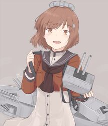  adapted_turret brown_eyes brown_hair brown_neckerchief cannon commentary_request cowboy_shot dress female grey_background grey_sailor_collar hair_ornament hairclip headgear hikashima_(shiofune) kantai_collection machinery neckerchief open_mouth red_shirt sailor_collar sailor_shirt shirt short_hair simple_background solo tan_yang_(kancolle) turret white_dress yukikaze_(kancolle) 