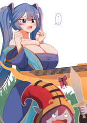  ... absurdres arm_up bad_id bad_pixiv_id bare_shoulders blue_eyes blue_hair blush breasts collarbone fairy fairy_wings female fingernails floating grass green_eyes hair_between_eyes hat highres holding holding_sword holding_weapon huge_breasts instrument large_hat league_of_legends long_hair lulu_(league_of_legends) open_mouth pink_lips pix_(league_of_legends) red_headwear secretbusiness simple_background sona_(league_of_legends) speech_bubble sword teeth tongue twintails weapon white_background wings yordle 