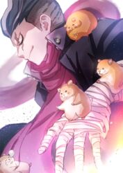  1boy animal bandaged_hand bandages black_hair cham-p chiko_(d04099) closed_mouth collar danganronpa_(series) danganronpa_2:_goodbye_despair grey_hair hamster jacket jum-p looking_to_the_side maga-g male_focus multicolored_hair open_clothes open_jacket pink_scarf scar scar_across_eye scar_on_face scarf short_hair simple_background sleeping smirk solo sun-d tanaka_gundham two-tone_hair upper_body white_background 