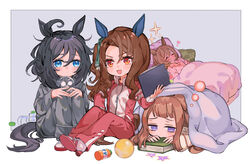  4girls ahoge alarm_clock animal_ears ball bed black_hair blue_eyes book border bottle brown_hair clipboard clock commentary_request drooling eishin_flash_(umamusume) holding holding_clipboard horse_ears horse_girl horse_tail king_halo_(umamusume) long_hair looking_at_viewer medium_hair mouth_drool multiple_girls open_mouth outside_border pajamas purple_eyes raised_eyebrows shoes sitting sleeping smart_falcon_(umamusume) sparkle sweep_tosho_(umamusume) tail track_suit umamusume under_covers white_border yoshida_(ne) 