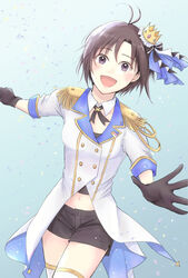  antenna_hair black_hair confetti cowboy_shot crown epaulettes female highres idolmaster idolmaster_(classic) iso_(nh15mint) jacket kikuchi_makoto looking_at_viewer navel open_mouth purple_eyes short_hair shorts smile solo white_jacket 