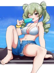  alternate_hairstyle amogan anchovy_(girls_und_panzer) anklet barefoot bikini bikini_under_clothes blue_shorts blue_sky breasts clear_sky cleavage commentary commission cutoffs day denim denim_shorts double_bun drill_hair eating female food foot_up fur_bracelet girls_und_panzer girls_und_panzer_senshadou_daisakusen! green_hair hair_bun hair_ornament halterneck highres holding holding_food jewelry knee_up licking long_hair looking_at_viewer medium_breasts navel official_alternate_costume on_rock one_eye_closed open_fly outdoors outside_border pixiv_commission popsicle red_eyes rock shorts sitting sky solo star_(symbol) star_hair_ornament swimsuit tongue tongue_out torn_clothes torn_shorts twin_drills twintails upshorts white_bikini 