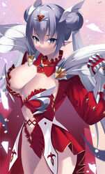  absurdres blue_eyes blurry blurry_background blush breasts britomart_(fate) britomart_(third_ascension)_(fate) center_opening cleavage closed_mouth cowboy_shot double_bun dress fate/grand_order fate_(series) female frilled_dress frills gauntlets grey_hair hair_bun hair_ornament hairband highleg highleg_leotard highres kurozawa_yui large_breasts leotard long_hair long_sleeves looking_at_viewer navel pointy_ears puffy_long_sleeves puffy_sleeves red_leotard red_sleeves shadow signature smile solo thighs twintails very_long_hair 