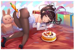  animal_ears birthday_cake black_footwear black_pantyhose borrowed_character box breasts bridal_garter brown_eyes brown_hair cake carrot crotchless crotchless_pantyhose elbow_gloves female food fork gift gift_box gloves hair_ornament happy_birthday highres holding holding_fork leotard original pantyhose pasties playboy_bunny ponytail rabbit_ears rabbit_tail sechka sexually_suggestive simple_background small_breasts smile solo stuffed_animal stuffed_rabbit stuffed_toy tail torn_clothes torn_pantyhose white_gloves white_leotard 