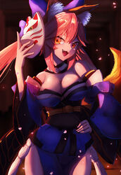  animal_ear_fluff animal_ears bare_shoulders blue_kimono blue_ribbon breasts detached_sleeves eason870408 fate/extra fate/extra_ccc fate/grand_order fate_(series) female fox_ears fox_girl fox_mask fox_tail hair_ribbon hands_on_own_hips highres japanese_clothes kimono large_breasts looking_at_viewer mask oerba_yun_fang open_mouth pink_hair revision ribbon solo tail tamamo_(fate) tamamo_no_mae_(fate/extra) yellow_eyes 