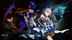  2girls alternate_eye_color asc11 back-to-back black_gloves blue_eyes blue_hair bob_cut bronya_zaychik bronya_zaychik_(herrscher_of_reason) dress drill_hair earrings elbow_gloves gloves grey_hair hair_ornament holding holding_scythe holding_weapon honkai_(series) honkai_impact_3rd jewelry long_hair multiple_girls purple_legwear purple_sleeves red_eyes scythe seele_vollerei seele_vollerei_(swallowtail_phantasm) short_hair sleeveless sleeveless_dress strapless strapless_dress thighhighs twin_drills weapon white_dress 