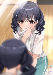  blue_hair blurry dark_blue_hair depth_of_field female from_behind fukumaru_koito fuu_(fuore) highres idolmaster idolmaster_shiny_colors indoors looking_at_mirror midriff_peek mirror navel reflection shirt solo sweatdrop twintails wavy_hair wet wet_clothes wet_shirt wooden_floor 