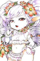  breasts commentary_request contrapposto cowboy_shot female fewer_digits flower gloves hair_flower hair_ornament highres league_of_legends long_hair navel oerba_yun_fang open_mouth otani_(kota12ro08) plump pointy_ears poppy_(league_of_legends) red_eyes red_flower simple_background skin_fang small_breasts solo standing traditional_media twintails white_background white_gloves white_hair yordle 