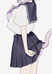  blue_skirt breasts cat_tail clothes_lift commentary cowboy_shot crop_top crop_top_overhang female from_side grey_background hand_on_own_chest head_out_of_frame highres hololive idenshi_hina light_purple_hair medium_breasts midriff_peek miniskirt neckerchief nekomata_okayu pleated_skirt purple_neckerchief sailor_collar school_uniform serafuku short_hair simple_background skirt skirt_lift solo tail thighs virtual_youtuber 