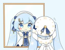  adjusting_clothes adjusting_headwear beret blue_bow blue_eyes blue_hair blue_tabard blush_stickers bow capelet chibi clock_print commentary dress female fur-trimmed_capelet fur_trim gold_trim hair_ornament hat hat_bow hatsune_miku light_blue_hair long_hair mirror musical_note musical_note_hair_ornament nukotun reflection roman_numeral smile snowflake_print solo tabard treble_clef twintails very_long_hair vocaloid white_capelet white_dress white_hat yuki_miku yuki_miku_(2021) 