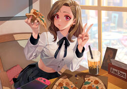  black_ribbon black_skirt brown_hair chair commentary commission cup drinking_straw earrings female food highres holding holding_food holding_pizza hongcasso indoors jewelry long_hair long_sleeves looking_at_viewer midriff navel neck_ribbon nintendo_switch original pink_eyes pizza pleated_skirt red_nails ribbon school_uniform shirt sitting skirt solo v white_shirt window 