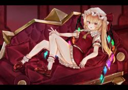  ascot blonde_hair breasts couch crystal female flandre_scarlet frilled_shirt frilled_skirt frilled_sleeves frills full_body hat hat_ribbon highres indoors long_hair looking_at_viewer mob_cap one_side_up red_eyes red_skirt ribbon sarasadou_dan shirt skirt solo touhou white_hat wings yellow_ascot 