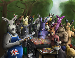  anthro australia avian barbecue bird facial_hair female food fur gathering grill group hex_(satanic-furry) hi_res infinite kangaroo karlos_(character) kiwi_(bird) kontra macropod male mammal markings marsupial mo_(momamo) outside party plant ratite reyes_(sepulte) simple_background sky standing summer tree tterra wolfywetfurr yenoc yenocwolf 