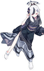  bad_id bad_pixiv_id black_choker black_hair black_kimono blue_archive choker etoile female flower full_body grey_hair hair_flower hair_ornament halo highres injury japanese_clothes kayoko_(blue_archive) kayoko_(new_year)_(blue_archive) kimono long_hair looking_at_viewer multicolored_hair obi official_alternate_costume red_eyes sash simple_background sitting socks solo sprain tabi two-tone_hair white_background white_hair white_socks 