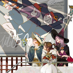  3girls absurdres aged_up billboard broom broom_riding broom_surfing buck_teeth cloak commentary_request half_updo hat highres kagari_atsuko little_witch_academia lotte_jansson magical_girl multiple_girls pointy_ears shiny_rod_(little_witch_academia) shuidao_yanjiu sucy_manbavaran teeth wand weibo_logo weibo_watermark white_background wizard_hat 