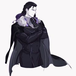  1boy alter_servant black_cape black_hair black_jacket black_suit cape closed_mouth collared_shirt crossed_arms fate/grand_order fate_(series) formal fur-trimmed_cape fur_trim gloves gradient_hair hair_slicked_back highres jacket long_hair long_sleeves male_focus multicolored_hair necktie nikola_tesla_(fate) purple_hair shirt simple_background solo suit viscontiapclyps white_background 