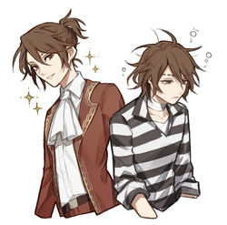  2boys aged_down bad_id bad_pixiv_id bandaged_neck bandages belt brown_eyes brown_hair collared_shirt commentary_request formal gloves identity_v kouri_(kyorosuukeeeeeee) long_sleeves luca_balsa male_focus messy_hair multiple_boys ponytail popped_collar prison_clothes prisoner shirt short_hair simple_background smile sparkle striped_clothes striped_shirt white_background 