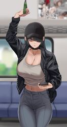  abs baseball_cap blurry blurry_background breasts cellphone choker cleavage commentary_request couch denim female hair_over_one_eye hat highres jacket jeans korean_commentary large_breasts looking_at_viewer midriff open_clothes open_jacket original pants phone purple_eyes smartphone solo soolee040995 tank_top toned train 