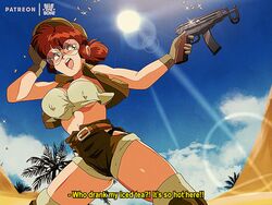  1980s_(style) animated animated artist_name belt blue_sky bluethebone bouncing_breasts breasts brown_hair bullet commentary covered_nipples crop_top day english_commentary english_text fake_screenshot female fio_germi firing glasses gloves gun hat high-waist_shorts large_breasts lens_flare light_rays metal_slug no_bra open_mouth palm_tree patreon_username retro_artstyle round_eyewear round_teeth sand shell_casing short_hair short_shorts shorts skorpion_vz._61 sky solo submachine_gun subtitled sun teeth thighhighs tree underboob vest weapon 