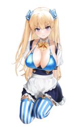  absurdres apron arms_behind_back blonde_hair blue_bow blue_eyes blue_skirt bow breastless_clothes breasts chungu cleavage closed_mouth collarbone covered_nipples detached_collar detached_sleeves eyelashes female frilled_skirt frills frown garter_straps hair_between_eyes hair_ornament heart heart_o-ring highres large_breasts lina_(michihasu) long_hair looking_at_viewer multicolored_eyes original pink_eyes seiza serious shadow simple_background sitting skirt solo striped_clothes striped_thighhighs thighhighs twintails v-shaped_eyebrows vertical-striped_clothes vertical-striped_thighhighs waist_apron white_background 