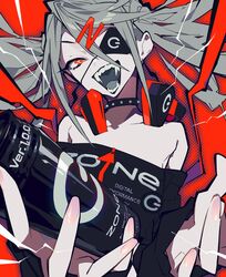  absurdres bare_shoulders black_collar can collar collarbone dive_to_zone eyepatch fangs female fingernails grey_hair hair_ornament headphones headphones_around_neck highres holding holding_can long_fingernails long_hair mochizuki_kei open_mouth pink_nails power_symbol product_girl red_eyes solo spiked_collar spikes teeth tongue twintails upper_body zipper zipper_pull_tab zonko 