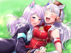  2girls :d animal_ears aqua_bow aqua_bowtie armband bare_shoulders black_coat blunt_bangs blush bow bowtie breasts brooch closed_eyes coat commentary_request dress ear_covers frills gold_ship_(umamusume) gold_trim grass grey_hair hairbow hat highres holding_hands horse_ears horse_girl interlocked_fingers jewelry large_breasts light_purple_hair long_hair lying mejiro_mcqueen_(umamusume) multiple_girls naka_juju on_back open_mouth red_bow red_bowtie red_dress sleeveless sleeveless_dress smile sweat swept_bangs umamusume v-shaped_eyebrows very_long_hair yuri 