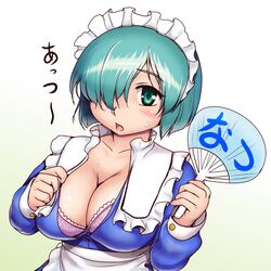  aqua_hair blush breasts cleavage collarbone commentary_request female gradient_background hair_over_one_eye hand_fan hand_fan_writing holding holding_fan large_breasts long_bangs long_sleeves looking_at_viewer maid_headdress open_mouth original orizen paper_fan solo sweat translated upper_body white_background 