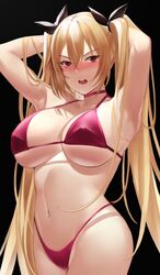  alternate_costume armpits arms_behind_head arms_up azur_lane bare_arms bare_shoulders bikini black_background black_ribbon blonde_hair blush breasts commentary covered_nipples cowboy_shot female hair_between_eyes hair_ribbon highres kameponde large_breasts long_hair looking_at_viewer navel nelson_(azur_lane) nose_blush open_mouth presenting_armpit red_bikini red_eyes ribbon sideboob simple_background solo standing stomach swimsuit twintails underboob very_long_hair 